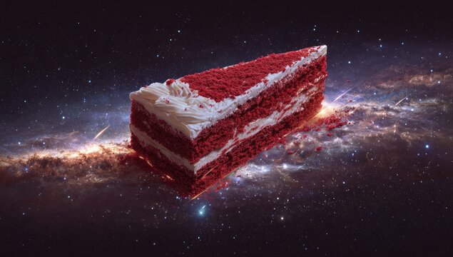 A slice of red velvet cake adrift in outer space