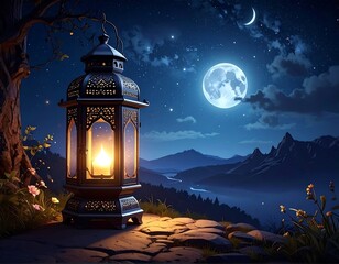 Night scene with lantern on a mountaintop