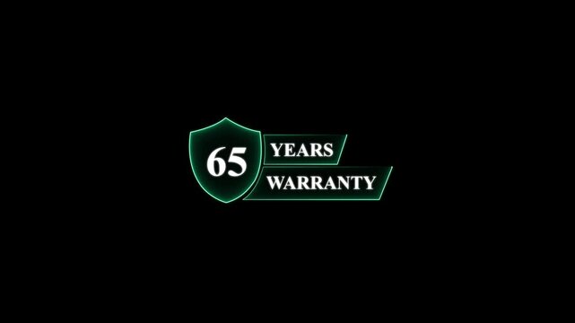 65 Years Warranty Shield Icon with Neon Glow sixty five . Glowing neon animation and black background.