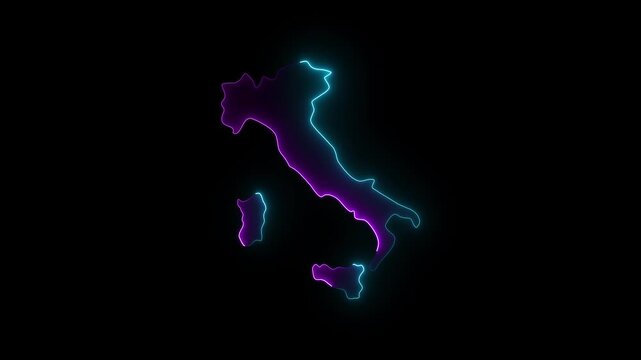 ITALY map icon animation neon on black background. Animation of the Italy map icon with a glowing neon effect. 4k video. Italy glow map illustration. eon glowing Italy map .