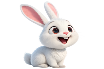 Charming 3d cartoon white bunny rabbit with big eyes and happy expression isolated on transparent background
