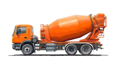 A heavy construction truck used for transportation and industry, isolated on a white background. The large cement or concrete mixer vehicle features a dump trailer design, representing power,