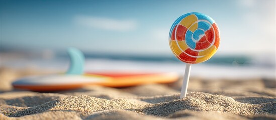 A colorful lollipop on a sandy beach with a blurred surfboard in the background