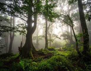 Obraz premium Misty Green Forest with Moss Covered Trees