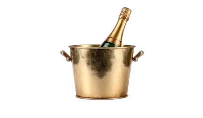 A champagne bottle in a metal bucket filled with ice, isolated on a white background, perfect for celebrations, parties, or beverage-themed visuals. The silver or steel container holds the drink secur