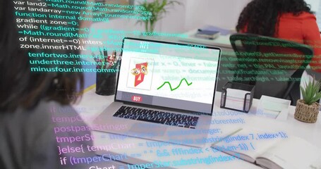 Developer clicking BUY button on NFT interface and watching animated code and rising price graph