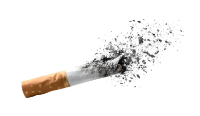 A burning cigarette with smoke and ash, isolated on a white background. Highlights the harmful habit of smoking, nicotine addiction, and toxic effects of tobacco. Close-up of the filter, cigarette tip