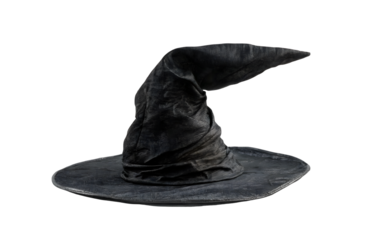 The image shows a classic pointed witch’s hat. It’s black and crinkled in texture, with a wide floppy brim. Around the base of the cone, there is a coarse rope tied as a hatband, giving it a rustic, 