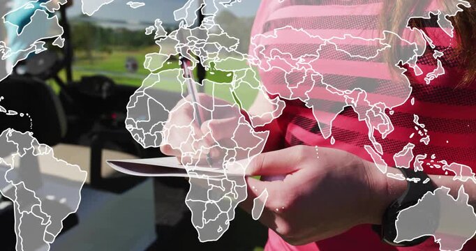 Golf instructor jotting swing notes, starting map overlay highlighting Europe Africa Middle East