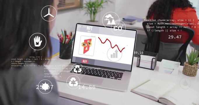 Woman opening NFT marketplace in office clicking bird NFT and viewing line graph and data overlays