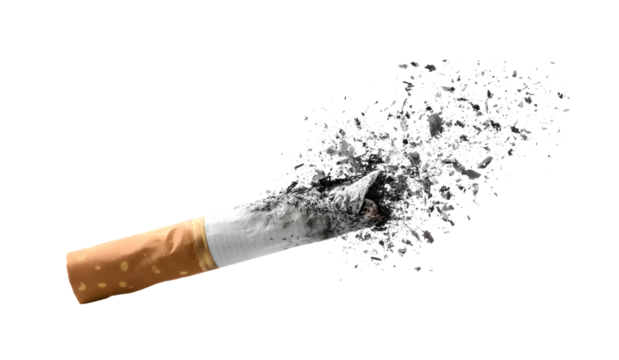 A burning cigarette with smoke and ash, isolated on a white background. Highlights the harmful habit of smoking, nicotine addiction, and toxic effects of tobacco. Close-up of the filter, cigarette tip