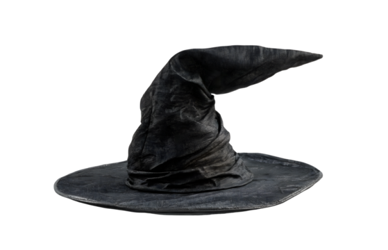 The image shows a classic pointed witch’s hat. It’s black and crinkled in texture, with a wide floppy brim. Around the base of the cone, there is a coarse rope tied as a hatband, giving it a rustic, 