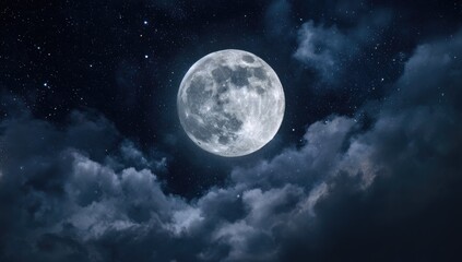 Full moon, night sky, clouds