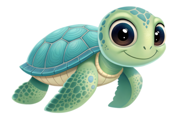 Adorable 3d charming cartoon baby turtle with big eyes isolated on transparent background
