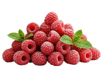 Vibrant, glistening red raspberries with fresh mint and powdered sugar, isolated on a seamless transparent background, high-angle close-up, premium product photography concept