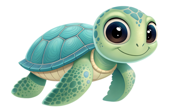 Adorable 3d charming cartoon baby turtle with big eyes isolated on transparent background