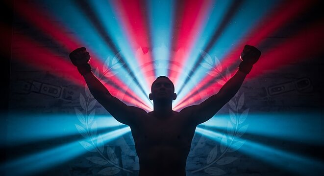 A victorious fighter silhouette with arms raised in triumph against a backdrop of vibrant red and blue light rays