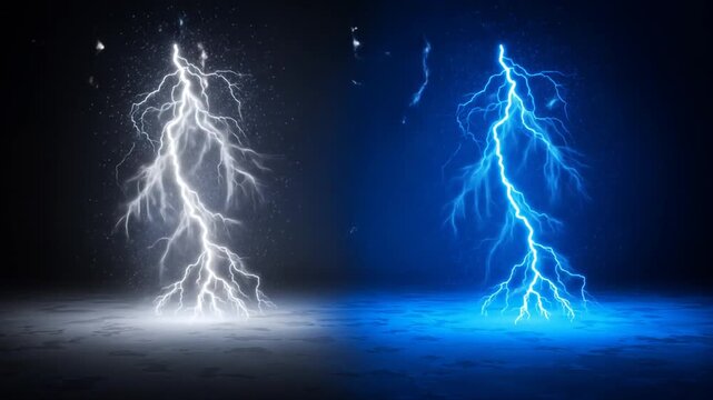 A dramatic split-screen depicts two powerful lightning bolts, one white and one blue, striking a dark, textured ground.  Each bolt is detailed, showcasing branching patterns and glowing energy