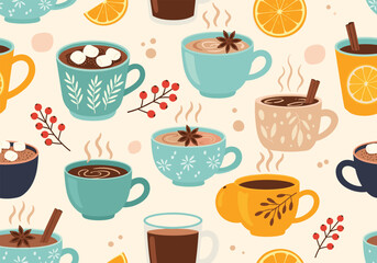 Cozy cups of hot chocolate with cinnamon and orange slices.
