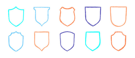 Hand drawn crayon grainy shield badges  label set. Abstract grunge texture shapes. Vector  EPS 10