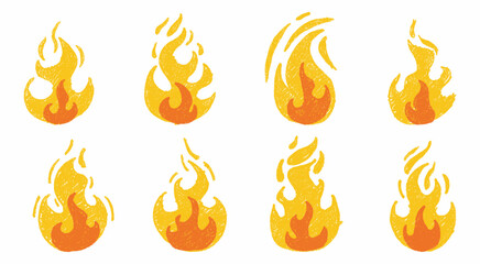 Hand drawn crayon grainy fire flame set. Abstract grunge texture shapes. Vector  EPS 10