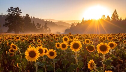 Sunflowers bloom in a vast field as the sun rises, creating a warm, golden ambiance