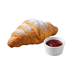 Golden-brown artisanal croissant with powdered sugar, vibrant red raspberry preserve in white ceramic ramekin, isolated on transparent, clean studio lighting, high-end commercial food concept