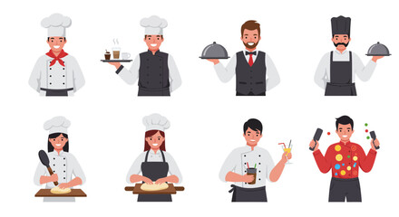 Eight cartoon figures representing culinary and service professions in uniform