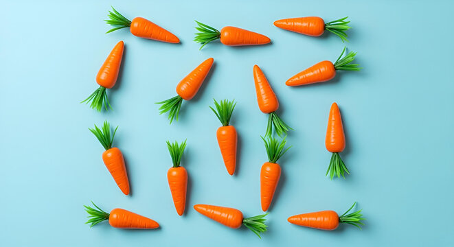 Vibrant Orange Carrots with Green Stems on a Soft Blue Background, Overhead View