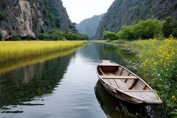 Obraz premium Small wooden boat floating gently on a calm river in Ninh BÃ¬nh, surrounded by towering karst cliffs and golden rice paddies, serene atmosphere, 