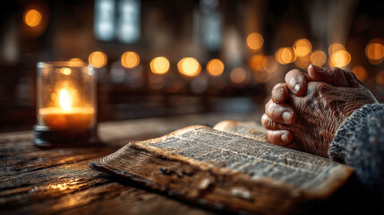 Elderly hands folded in prayer over open, ancient bible on wooden surface. A votive candle and soft bokeh lights create warm, spiritual atmosphere in a church setting, symbolizing faith and devotion