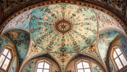 Ornate domed ceiling with floral patterns in turquoise, cream, and peach tones