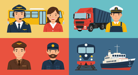 Four quadrants showing transport workers and vehicles plane bus truck ship train