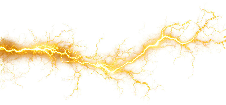 Yellow electric lightning bolt, abstract energy streak graphic. Isolated on transparent background.

