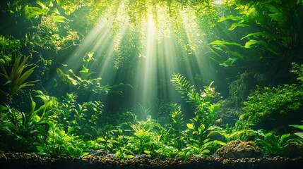 Sunbeams through lush green plants with dense foliage overhead