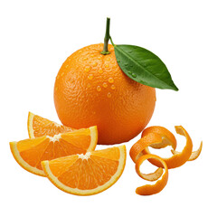 Vivid deep orange with water droplets, green leaves, precise slices, and delicate zest spirals, artfully arranged on a clean transparent background, highlighting freshness. Concept of premium citrus