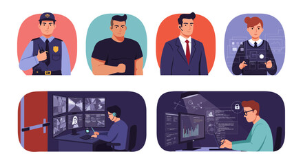 Security personnel illustrations guard bouncer agent operator and coder in vignettes