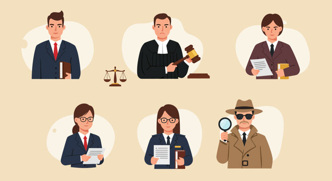Six cartoon depictions of legal and investigative professionals including lawyers a judge and a detective