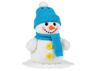 Isolated cute snowman figurine in a blue knitted hat and scarf for winter holiday season