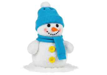 Isolated cute snowman figurine in a blue knitted hat and scarf for winter holiday season