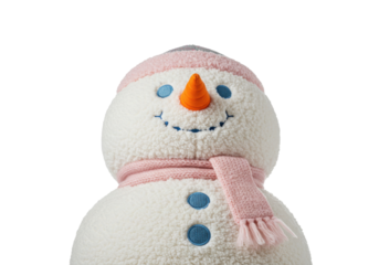 Isolated plush snowman with carrot nose and pink hat and scarf for Christmas season