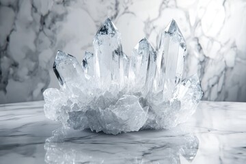 A cluster of clear quartz crystals sits on a marble surface, showcasing their intricate formations and brilliance.