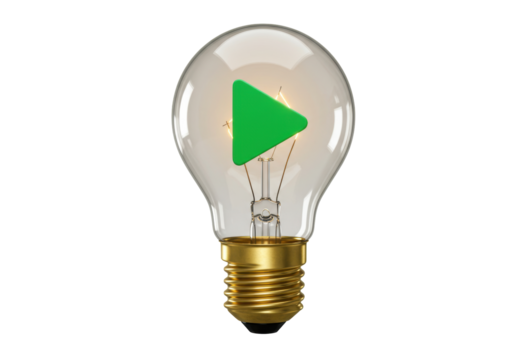 Isolated bright idea lightbulb with green play button inside, creative inspiration