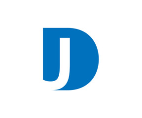Blue letter d with white letter j on a white background