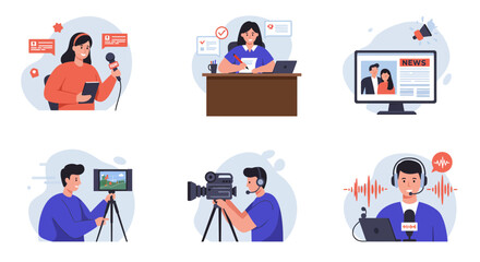 Six vignettes illustrate various journalism and media production roles