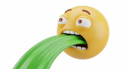 A yellow emoji with wide eyes and open mouth vomiting a stream of green liquid on a white background