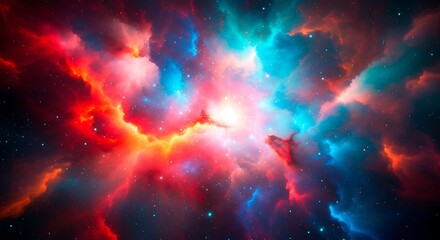 Naklejka premium Vibrant cosmic nebula with swirling colors of red blue and yellow