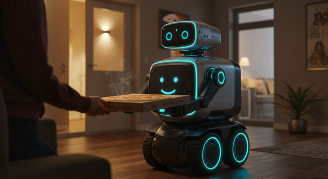 Robot delivering pizza in cozy living room with warm lighting