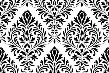 Elegant Damask Pattern Black and White Design for Textile Wallpaper Background with Floral and Ornate Elements creating a Classic Aesthetic