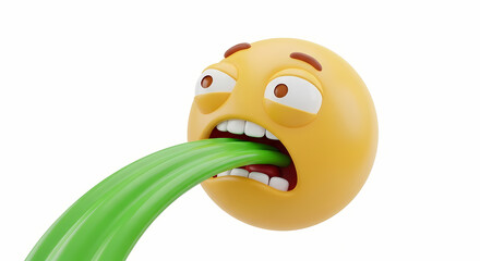 A yellow emoji face with wide eyes open mouth and green vomit coming out on a white background image